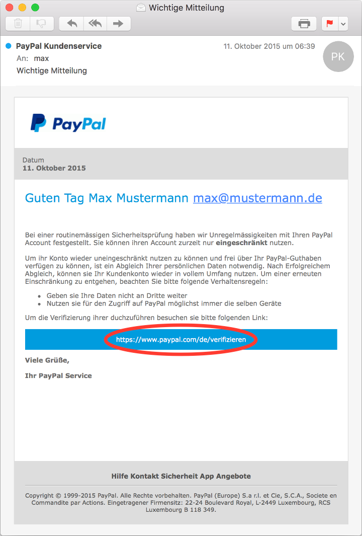 PayPal Phishing Beispiel Mail-Client